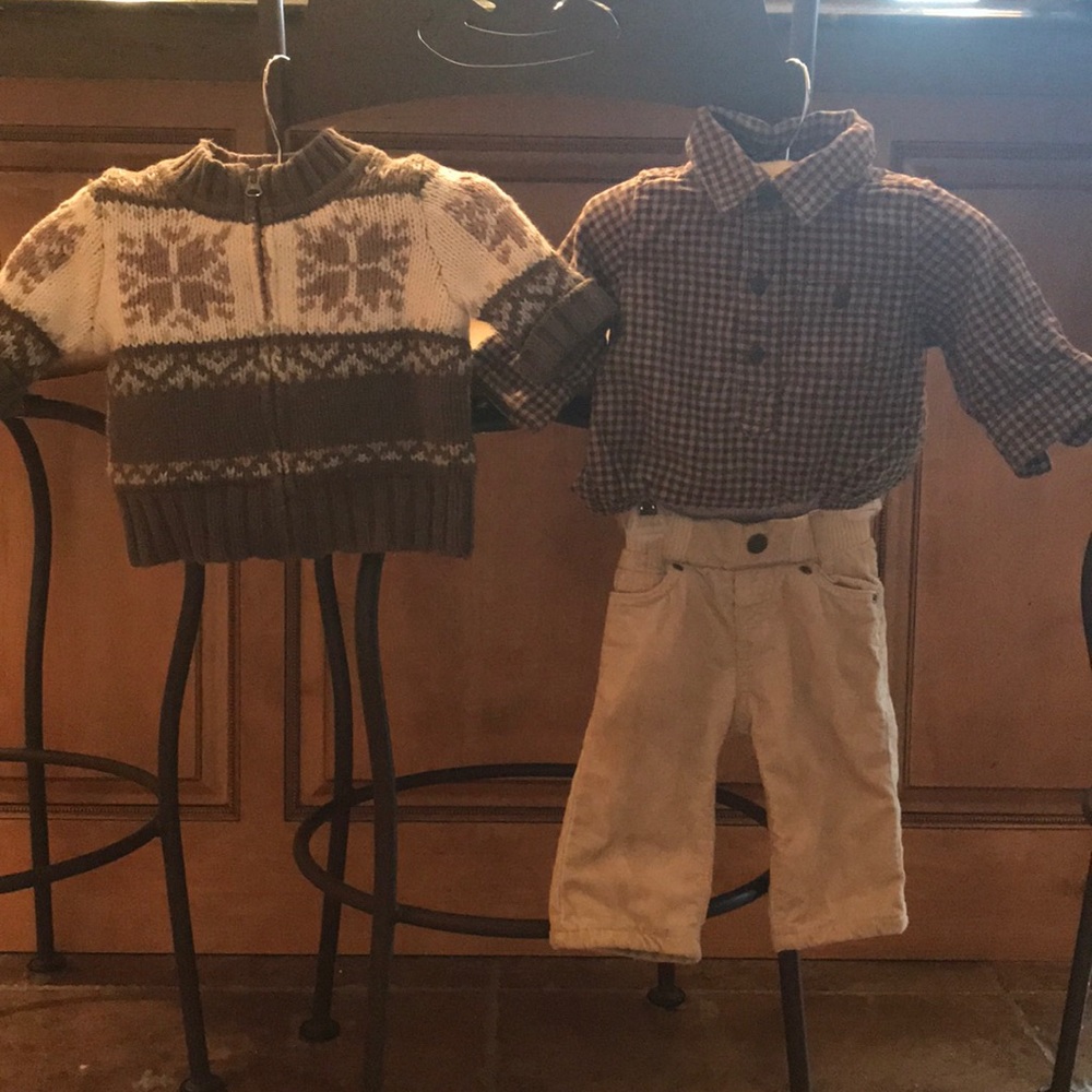 sweater, plaid collar shirt, & corduroy pants